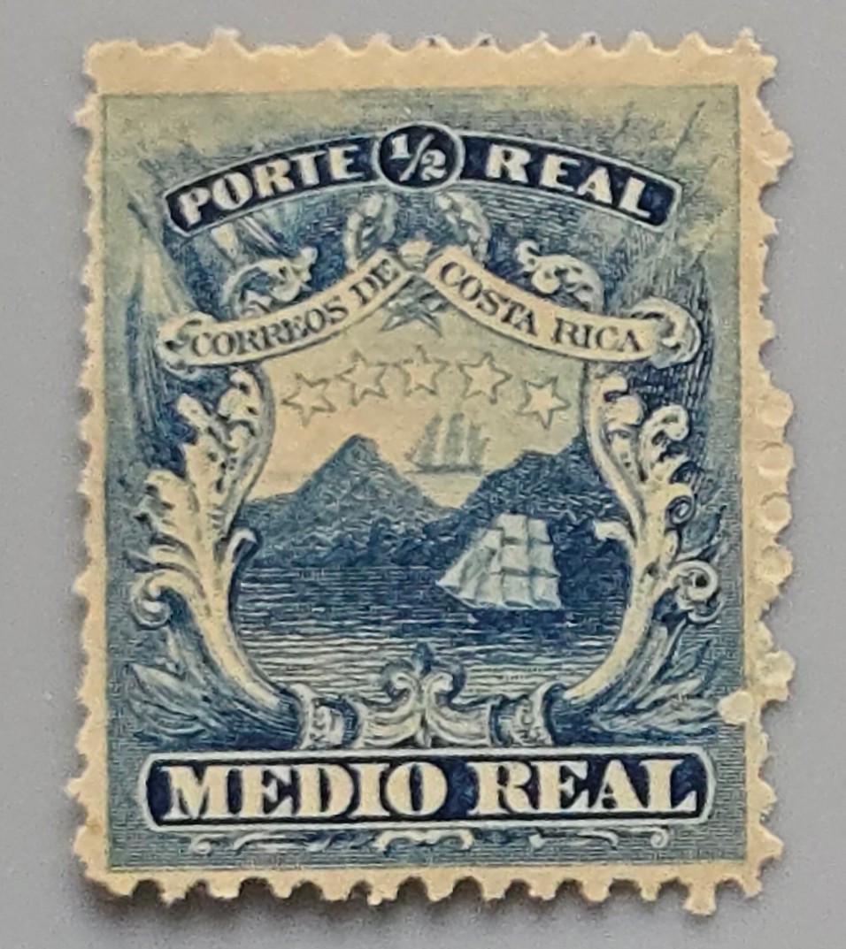 Costa Rica 1/2 Real 1863 Stamp Medio Real Blue Ship Classic Issue Lightly Hinged