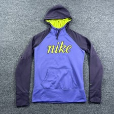 Nike Therma Fit Womens Hoodie Small Purple Pullover Fleece Script Thumbhole Logo