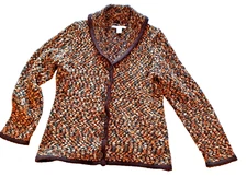 Cardigan Sweater Wool Blend Size X Chunky Knit Brown Tweed Collar Carroll Reed