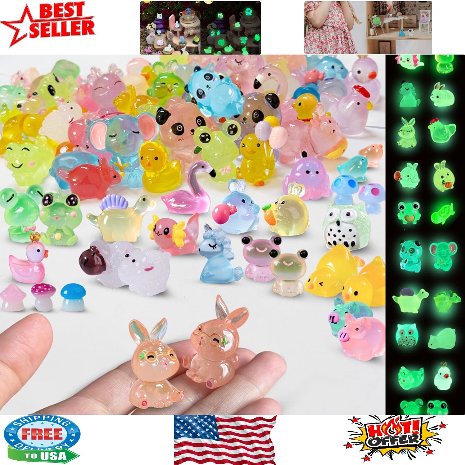 Glow-in-the-Dark Mini Resin Animals - 100pc Fairy Garden Decor Set for Magical Displays