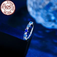Blue Cubic Zirconia Heart Round Tennis Ring 925 Sterling Silver Women CZ Jewelry