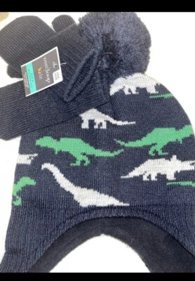 Hut & Handschuhe Set Kinder Jungen Dinosaurier West Loop One Gr. 4-8 Jahre Marineblau NEU