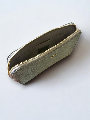 Furla sparkle gray glitter small Cosmetic makeup Pouch gold hardware designer - Picture 3 of 3