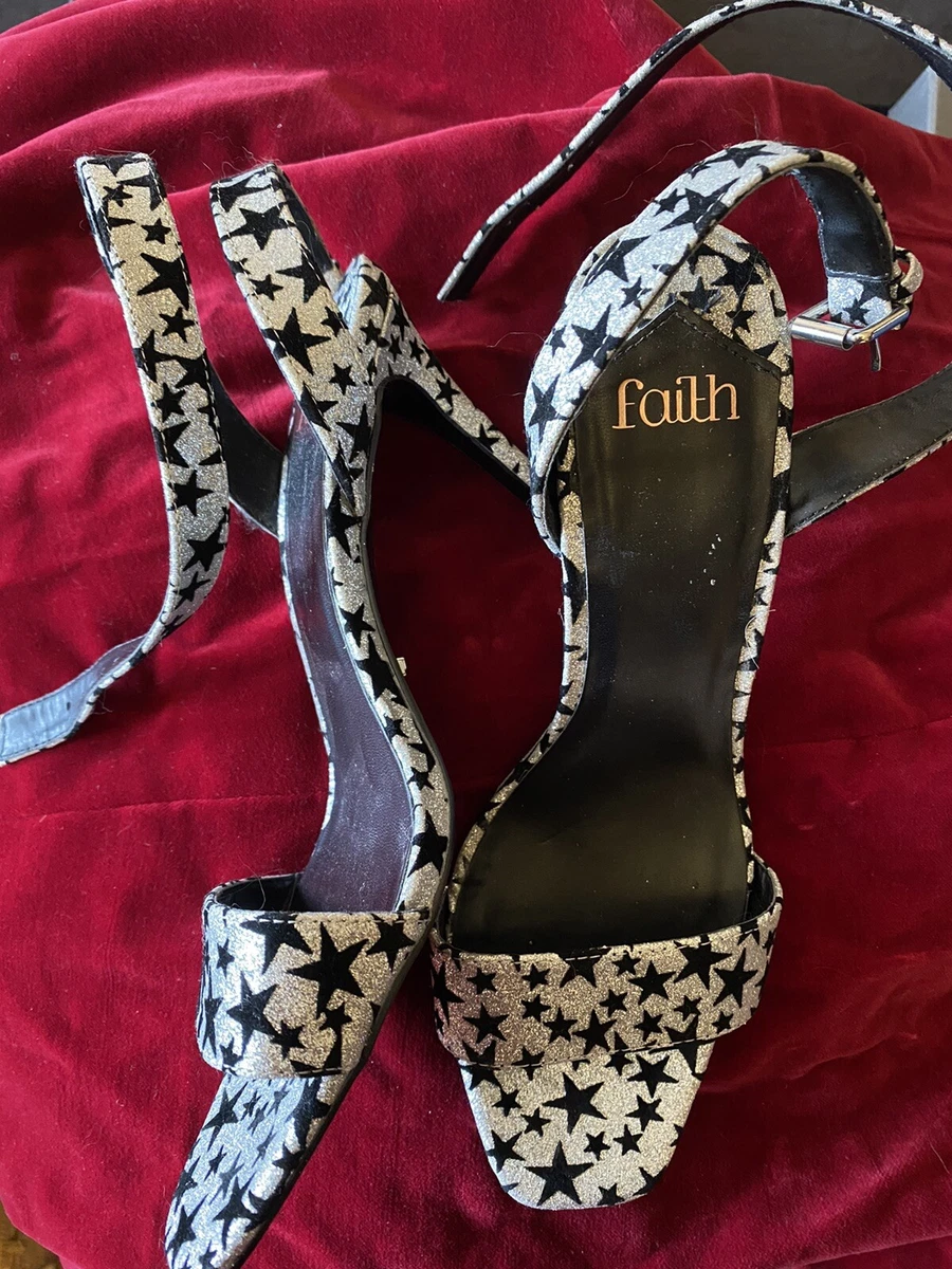 Faith Silver Stars Open Toed Ankle Strap Heel Sandals. Size 7