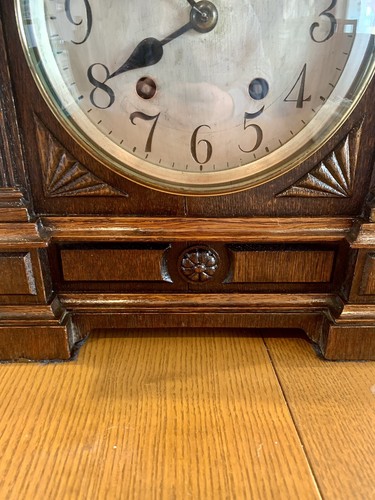 1910 Antique Lenzkirch Mantel Clock Carved Solid Oak 14 Day Petite Sonnerie - Bild 8 von 21