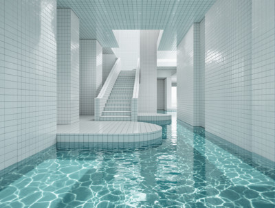 Flooded White Tile Room Mysterious Surreal Uncanny Water Pool Poster Art Print I