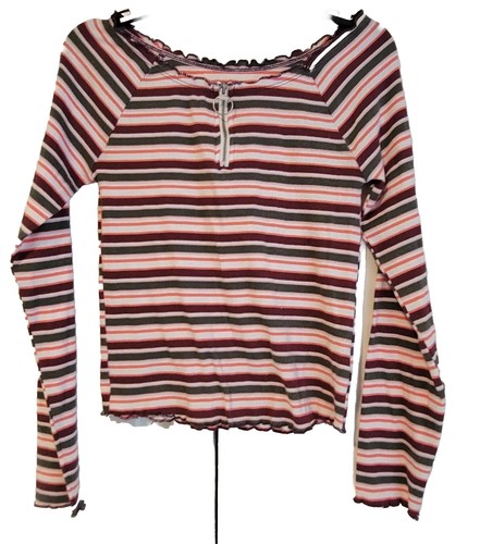 Justice Girls 14/16 T Shirt Long Sleeve Rib Knit Lettuce Trim Striped Zipper - Picture 9 of 12