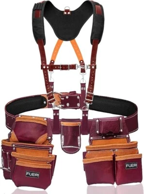 FUERI Leather Tool Belt With Suspender Heavy Duty Carpenter Construction