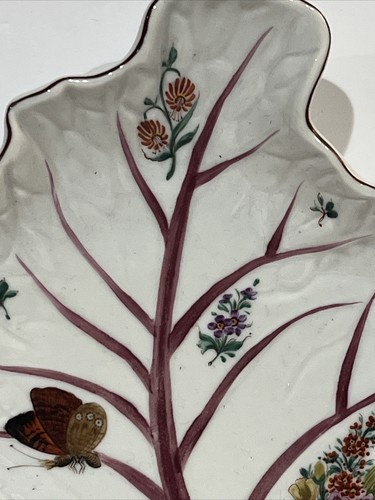 Mottahedeh Chelsea Porcelain Leaf Dish Floral Butterfly Marked Italy - Picture 4 of 12
