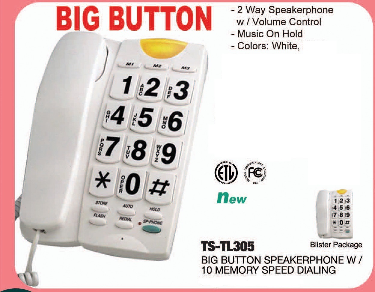 White Large Number Big Button HOME TELEPHONE Corded Wall Desk 10 Memory Dialing