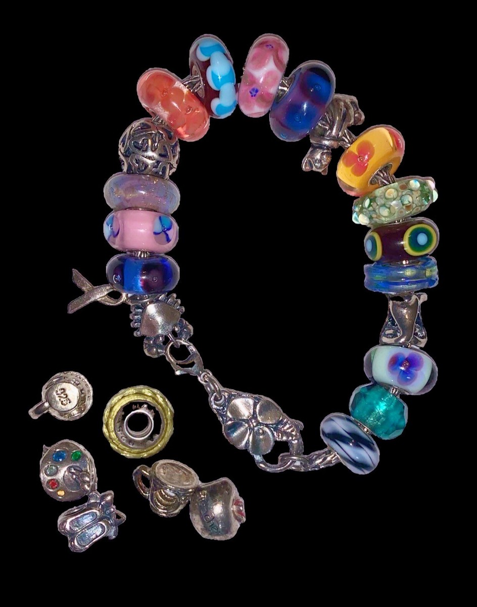 Trollbeads Sterling Silver Bracelet With 24 Charms Flower Clasp