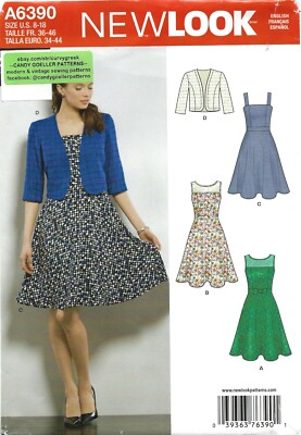New Look 6390 Flared Dress w Illusion Neckline or Thick Straps & Bolero Sz 8-18