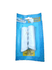 A pair of white plastic bicycle handlebar grips for junior bikes
