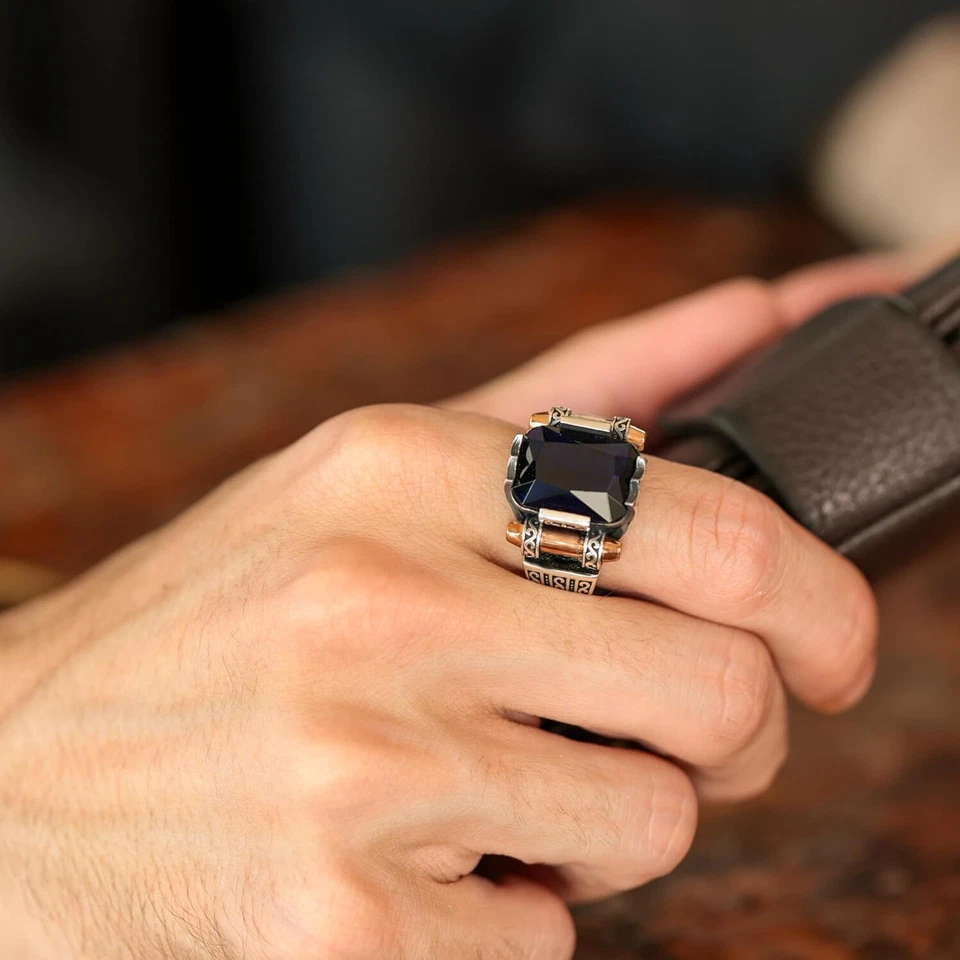 Genuine Solid 925 Sterling Silver Ring Bronze Faceted Simulated Ottoman size8-12 - Image 3 of 3