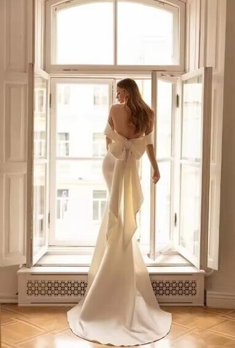 Off The Shoulder Sheath Mermaid Wedding Dresses Back Big Bow Long Train Custom - Picture 5 of 21