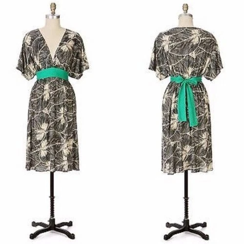 Anthropologie Maple 100% Silk Kimono Leaf Print Dress w/ Green Sash - Small