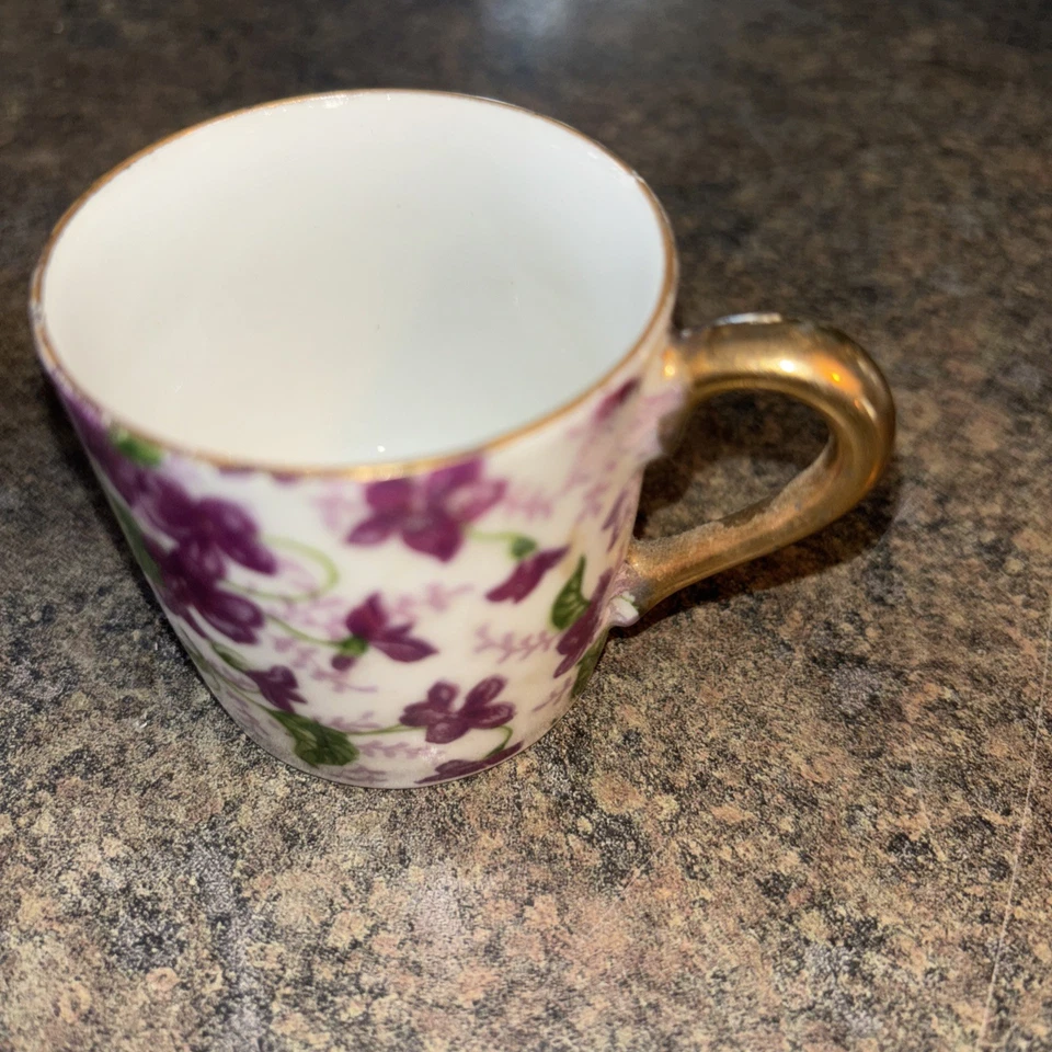 Taza de té/demitasse vintage Inarco Japón retirada púrpura violeta floral adorno dorado Foto 2 de 4