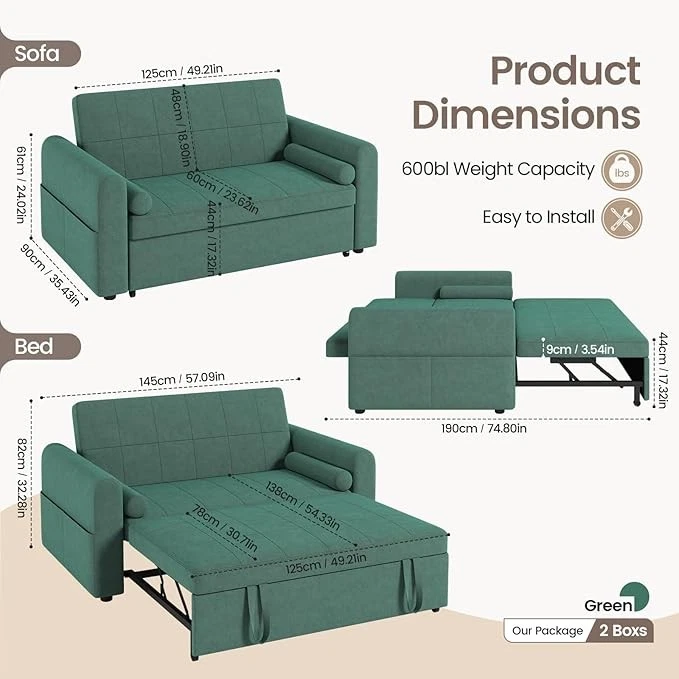 2 Seater Sofa Bed, 3-in-1 Convertible Fabric Pull Out Sleeper Sofa with Backrest - Image 4 of 4