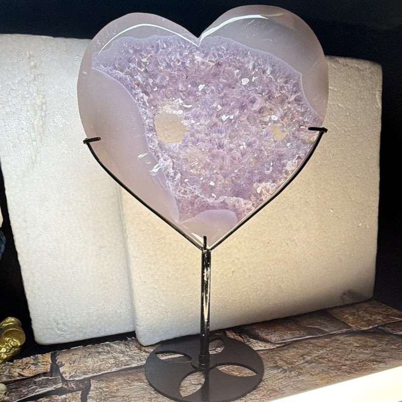 Amethyst Heart Crystal Geode Mineral Display Specimen on Metal Stand