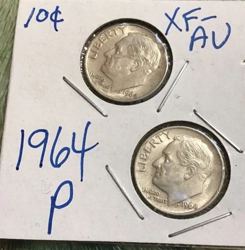 HIGH GRADE AU 1964 P ( 2 coins ) ROOSEVELT SILVER DIMES