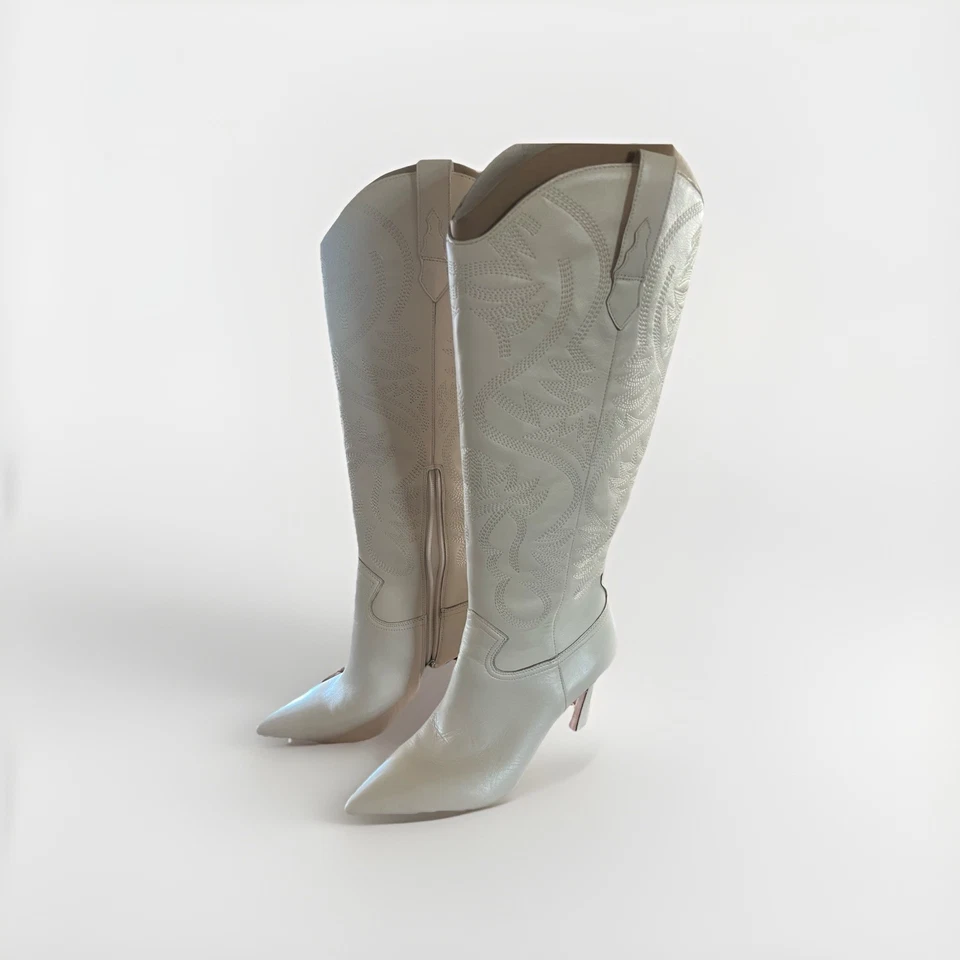 Antonio Melani Women’s Ivory Leather Western Knee-High Boots, Size 9 - Image 4 of 4