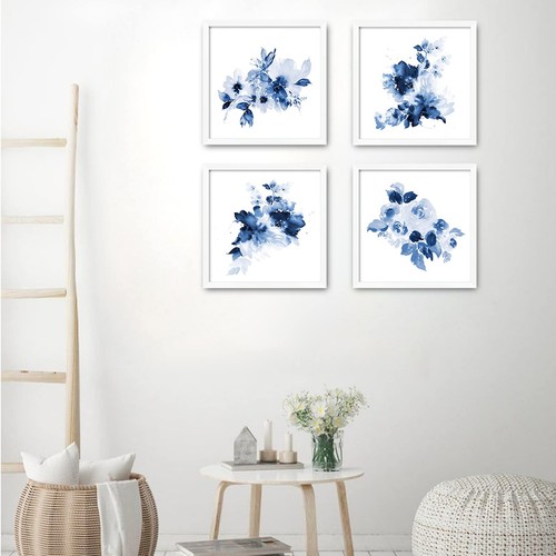 Framed Bathroom Wall Art, Blue Watercolor Flowers Wall Decor White Picture Fr... - Picture 8 of 8