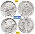 2 Vintage⌛US Phila Mint World War II Silver Mercury Dimes🪙As Depicted🪙1943 44