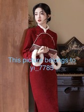 Women Red Velvet Cheongsam Dress Winter Chinese Qipao