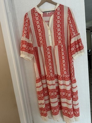Figueroa + Flower Red/White Geometric V-Neck A-Line Midi Dress Button XL