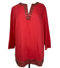 NWT Lafayette 148 Linen Red Top Beaded Blouse Popover Shirt Office Sz L Tunic