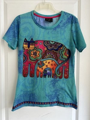 Laurel Burch T-Shirt Top Sky Blue Cat Floral Kittens Art Sz M Boho Art To Wear