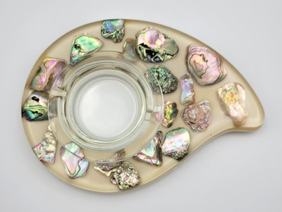 Vintage MCM Cream Resin Lucite Abalone Shell Ashtray Boomerang Teardrop Footed