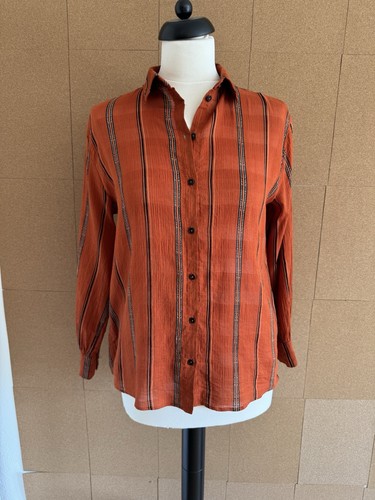 Ba&Sh Shirt Size XS UK 8 Orange Black Striped Long Sleeve Boho Relaxed Cotton - Picture 12 of 18