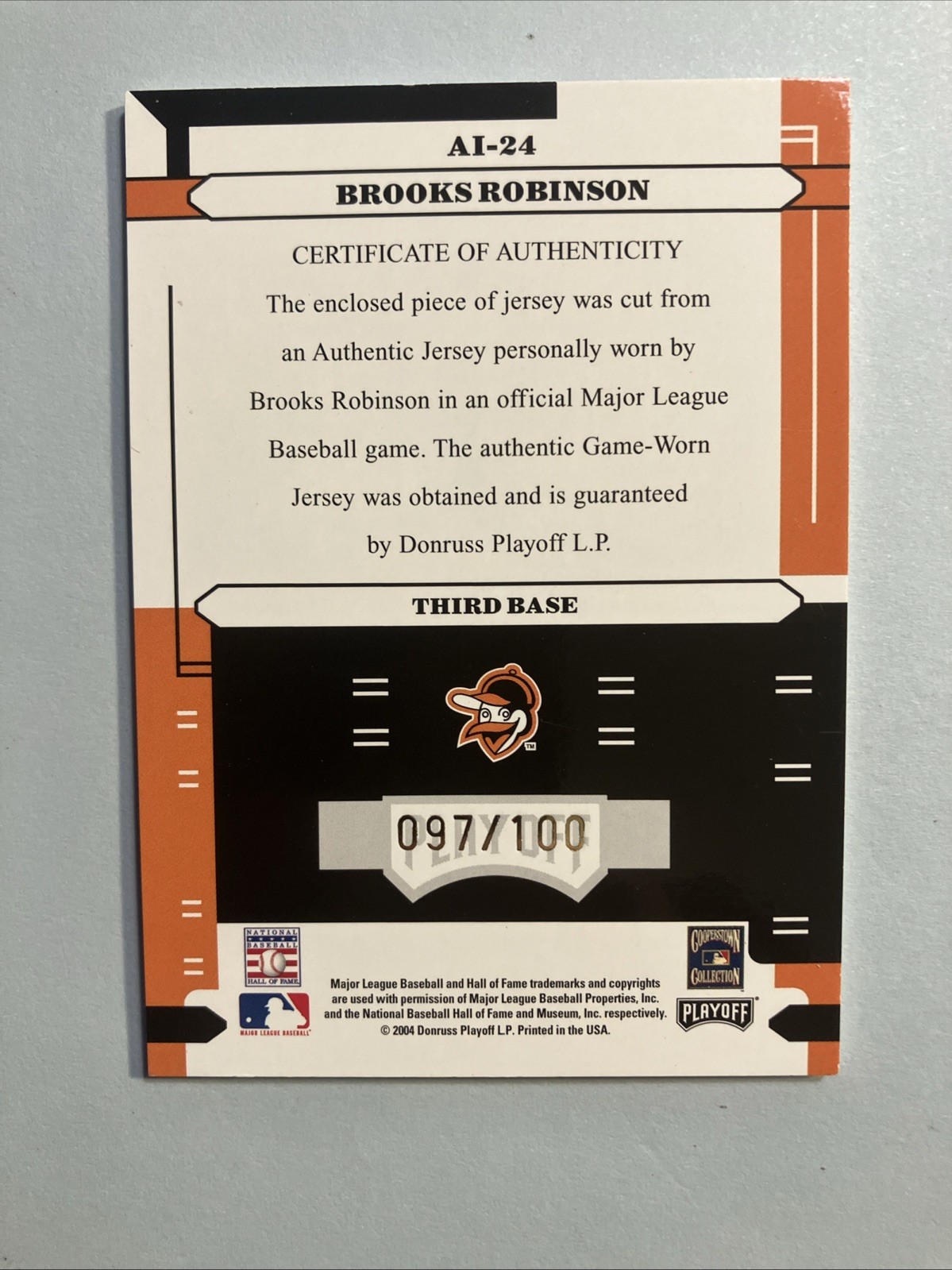 2004 ABSOLUTE MEMORABILIA BROOKS ROBINSON GAME USED/AUTO W/ HOF INSIGNIA #/100 view 8