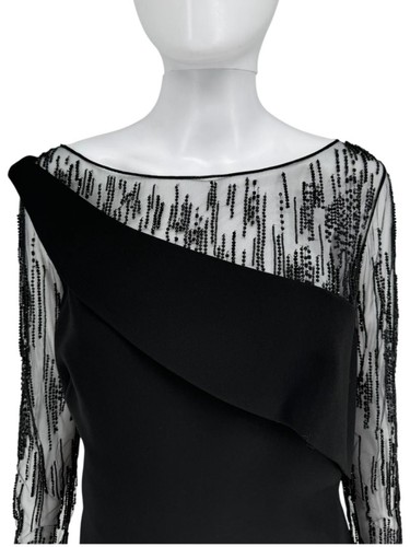 Vestido de cóctel Pamella Roland negro adornado manga malla - grande - Imagen 9 de 15