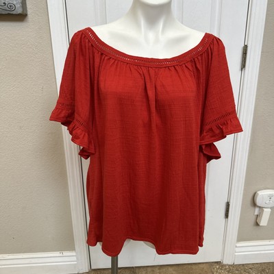 BNWT: 3X Max Studio Lava Red Ruffle-Short-Sleeve Textured. Wide Neck Top
