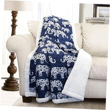 Navy Elephant Parade Throw Fuzzy Reversible Sherpa Elephant Parade Blue