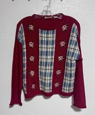 Vtg 80s Crazy Horse Sm Red Sweater Rose Embroidered Plaid Novelty Knit