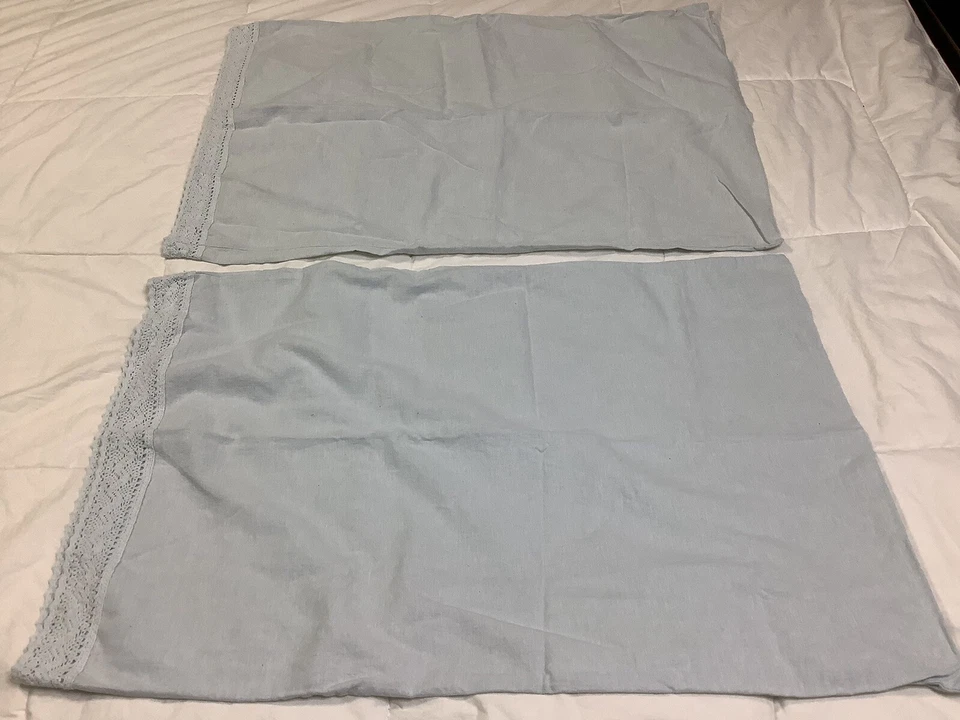 Sábana plana completa Simply Shabby Chic y 2 fundas de almohada AZUL lino algodón borde de ganchillo Foto 4 de 4