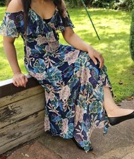 WOMENS GREEN NAVY FLOWY OFF-SHOULDER SLEEVELESS SUMMER Frill FLORAL MAXI DRESS