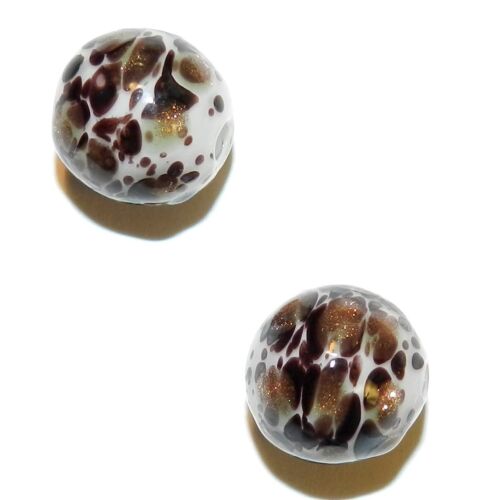 G4270 White w Brown & Copper Sparkles 13mm Round Blown Lampworked Glass Bead 2pc - Picture 1 of 4