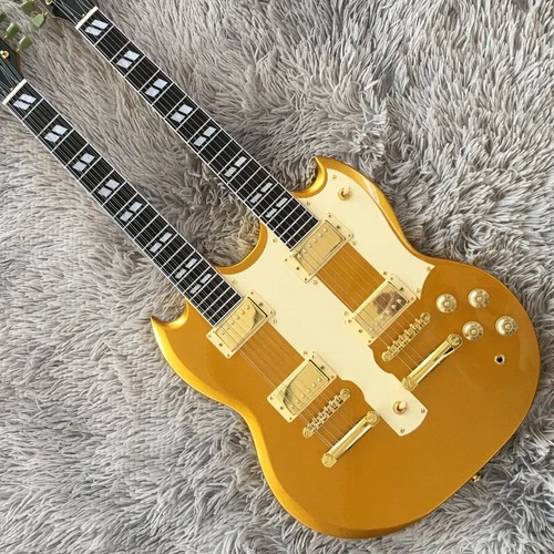 Custom Shop 6+12 Strings Double Neck SG Electric Guitar Gold Top H-H Pickups