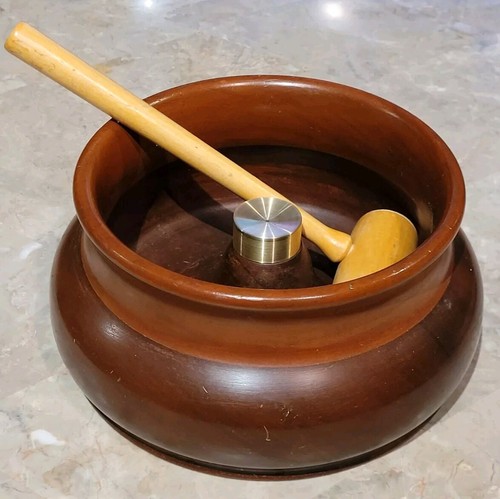 Vintage Hand Turned Nut Bowl Hard Wood With Brass Cap + Mallet Very Good Cond. - Picture 2 of 10