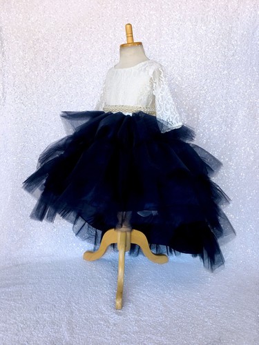 Ivory Lace 3/4 Sleeve Multicolor High Low Tulle Ruffle Flower Girl Dress Wedding - Picture 37 of 50