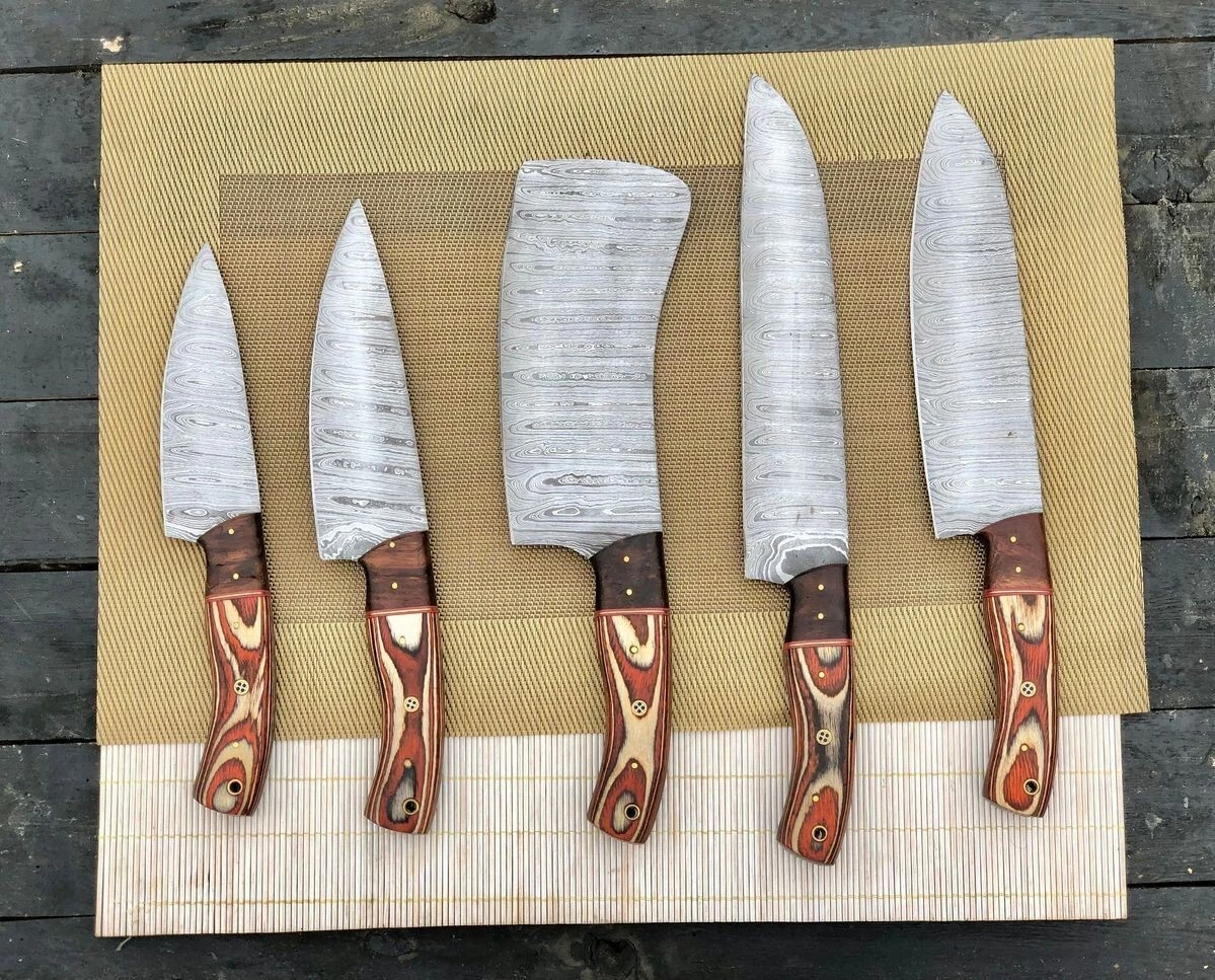 Hand Forged Damascus Steel Chef Set, Kitchen Set With Wood Handle