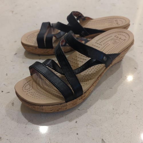 Crocs A Leigh black Leather Cork Wedge Womens Size 9 sandals comfort shoes - Picture 2 of 9