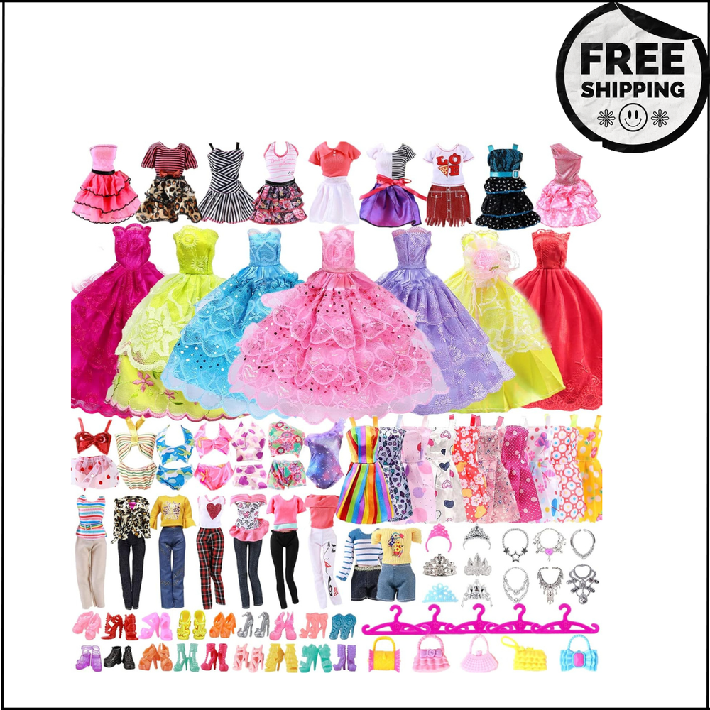 65 PCS Barbie Clothes Doll Fashion Wear Clothing Outfits Dress up Gown Shoes Lot