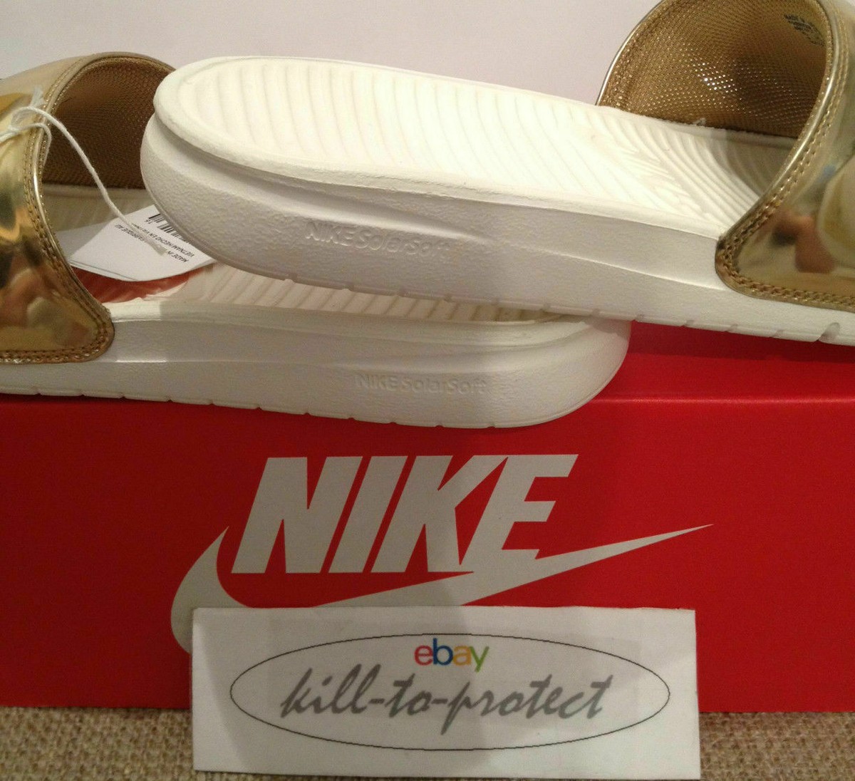NIKE BENASSI SOLARSOFT SLIDE LIQUID METAL GOLD US UK6 7 8 9 