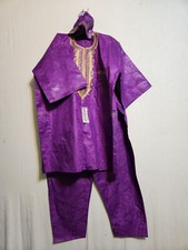 African Clothing Men Brocade 3Pcs Pant Suit Dashiki Purple W/Cap Free Size