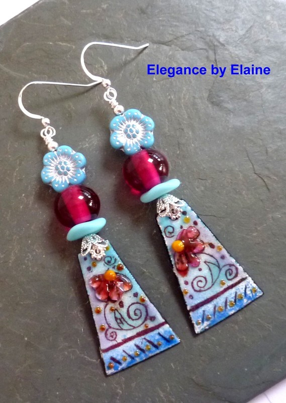 Fuchsia Flower on Blue Dangles Artisan Made Earrings Lampwork Beads Copper Enaml